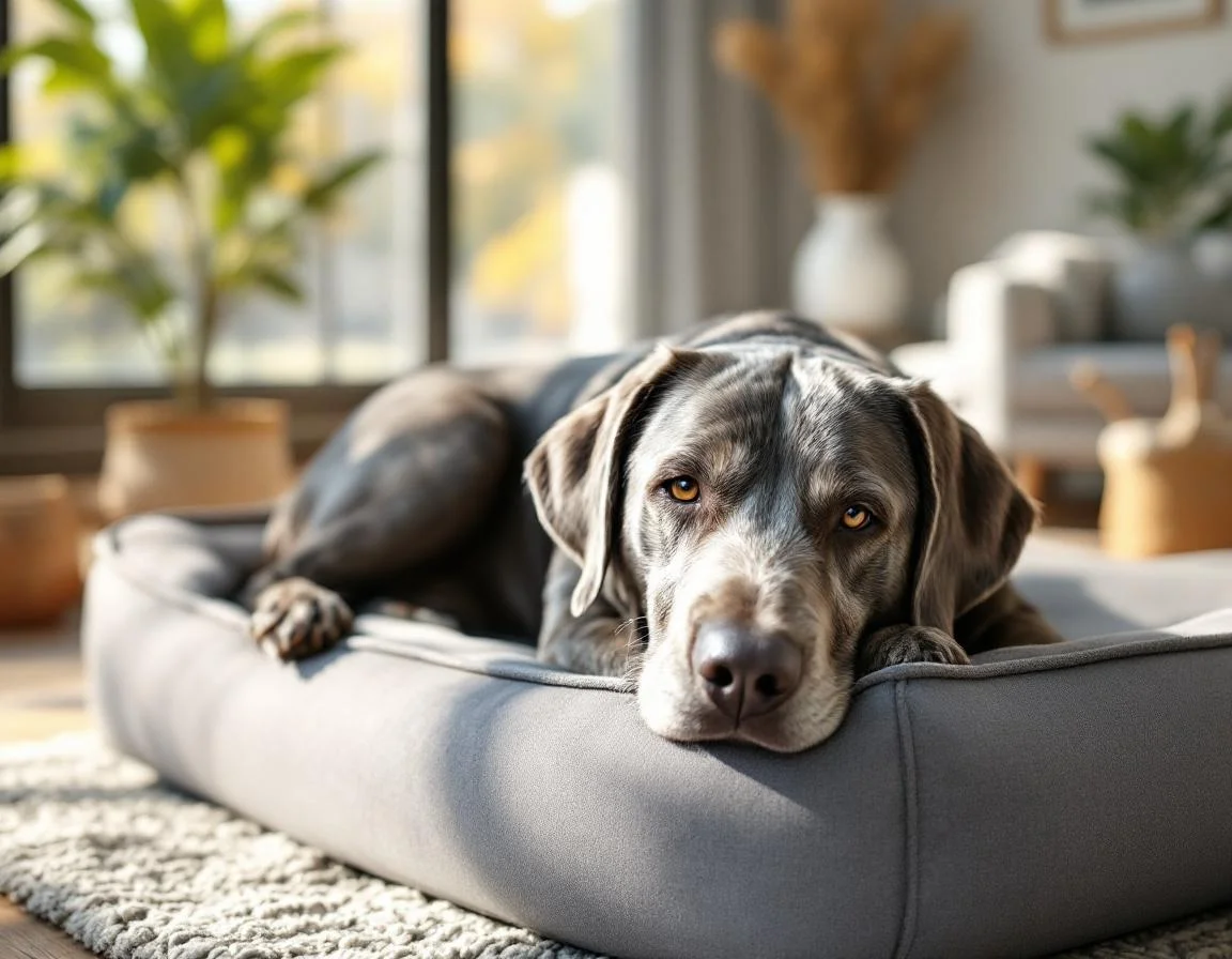 A senior gray-muzzled labrador resting comfortably on a Tundra Hound bed